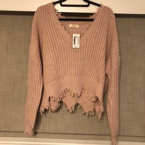 Cropped Sweater with distressed hem. 18-19” length, ~17” sleeve